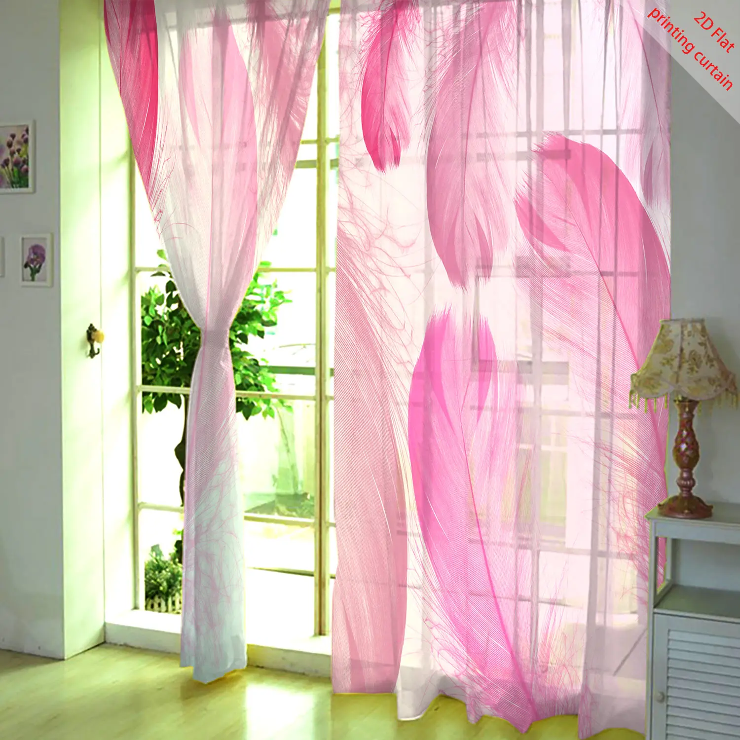 Feather pattern printed transparent gauze curtain, home art decoration, bedroom, living room, kitchen, balcony decoration