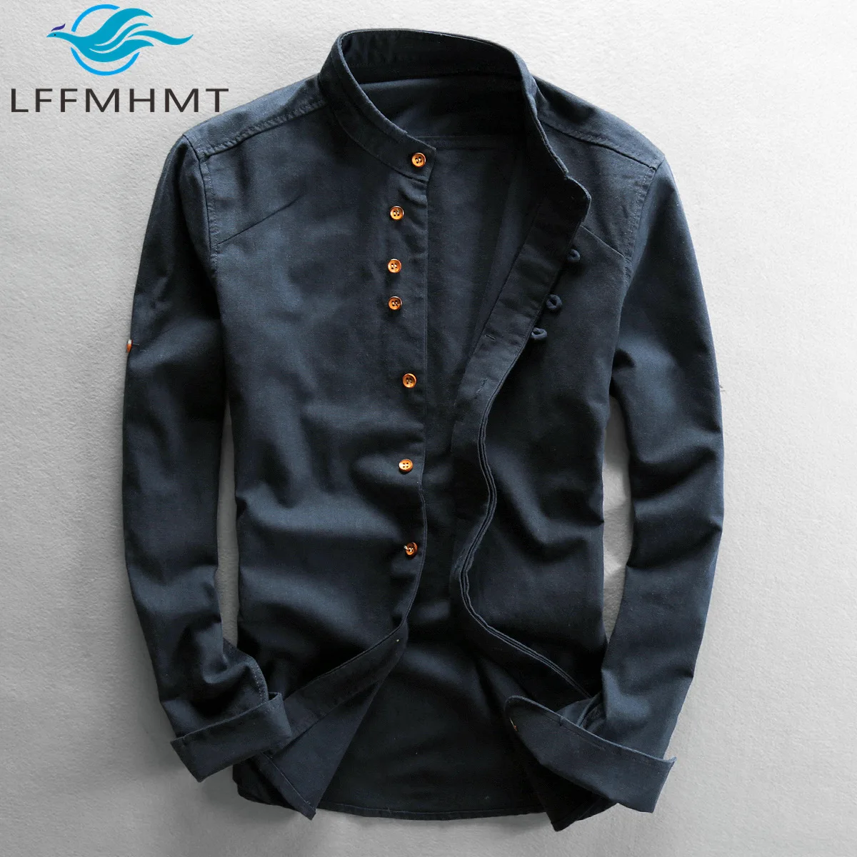 Mens Linen Cotton Shirt Japan Style Harajuku Stand Collar Long Sleeve Slim Fit Solid Color Casual Breathable Classical Tops Male