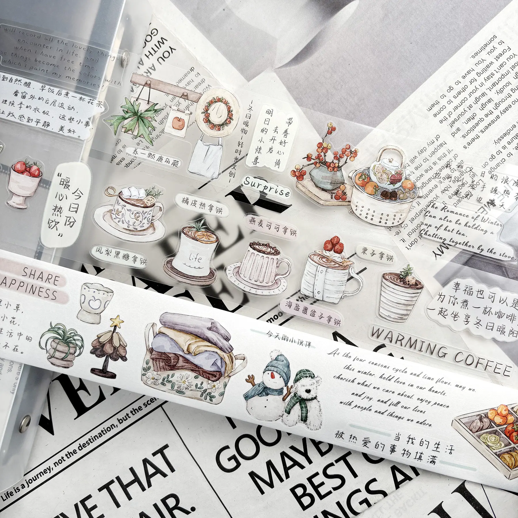 QSG journal Tape washi Small Objects Chinese-English Plain Stickers Decorative Ornament Materials Winter Warm Objects