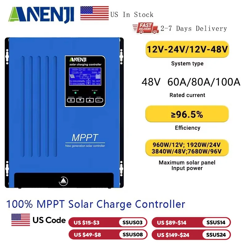

ANENJI 60A 80A 100A 100% MPPT Charge Controller Solar Panel 12V 24V 36V 48V Parallel max 12 Units for Lead Acid Lithium Battery