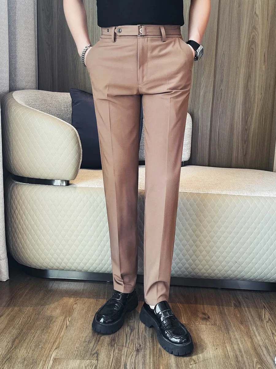 

Pants For Men Fashion Belt Design Ptripes Suit Pants Simple Big Size Elegant Men's Formal Trousers High Quality Sale