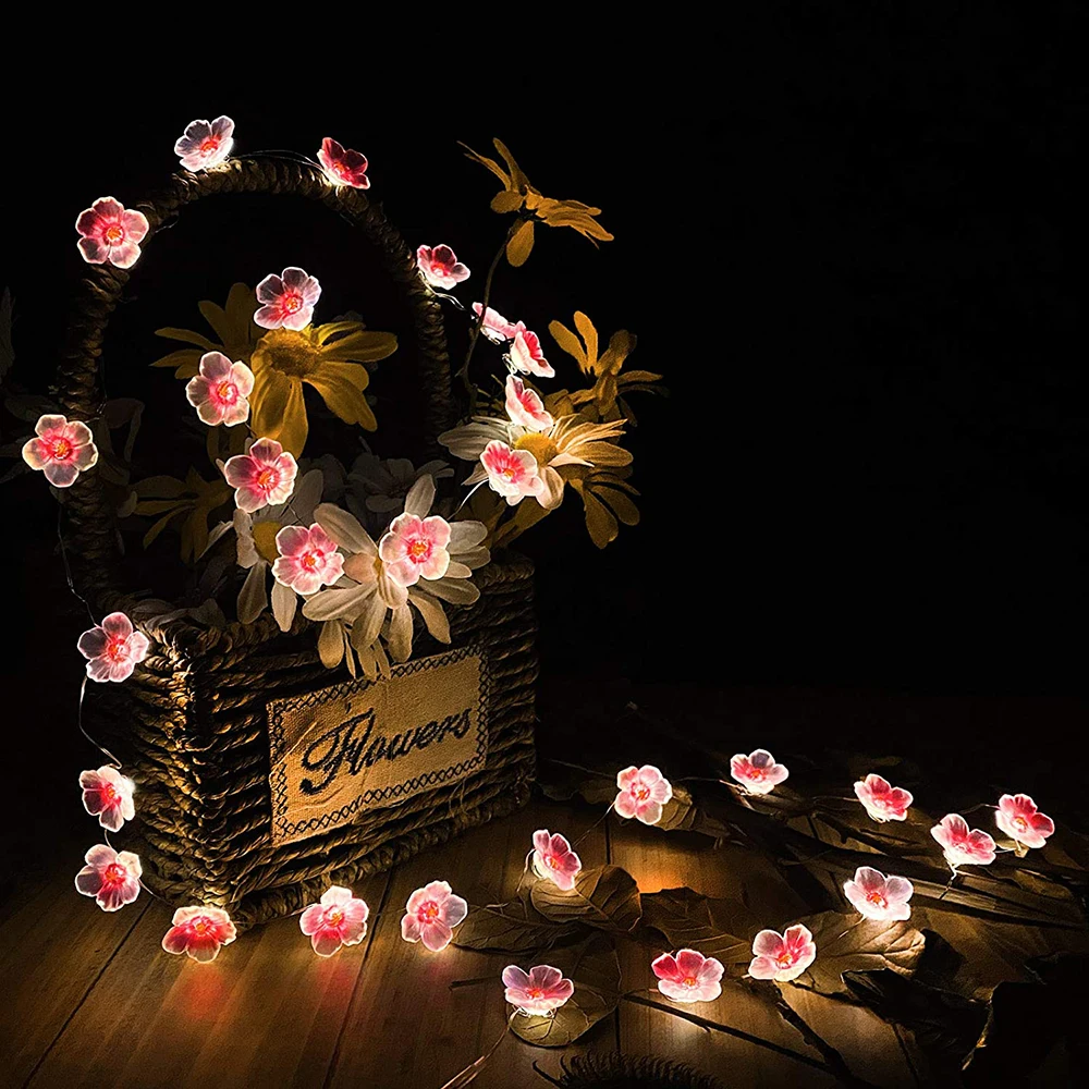 LED Light Cherry Blossom Fairy String Lights Pink Flower String Lamps Battery Powered For Outdoor Christmas Garland Decoration