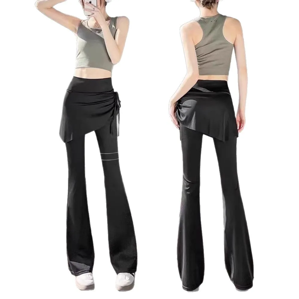 High Waist Yoga Pants Skirt Fake Two-Piece Fitn Pilates Women's Bell Bot Long Trousers Drapey Cosite Fabric