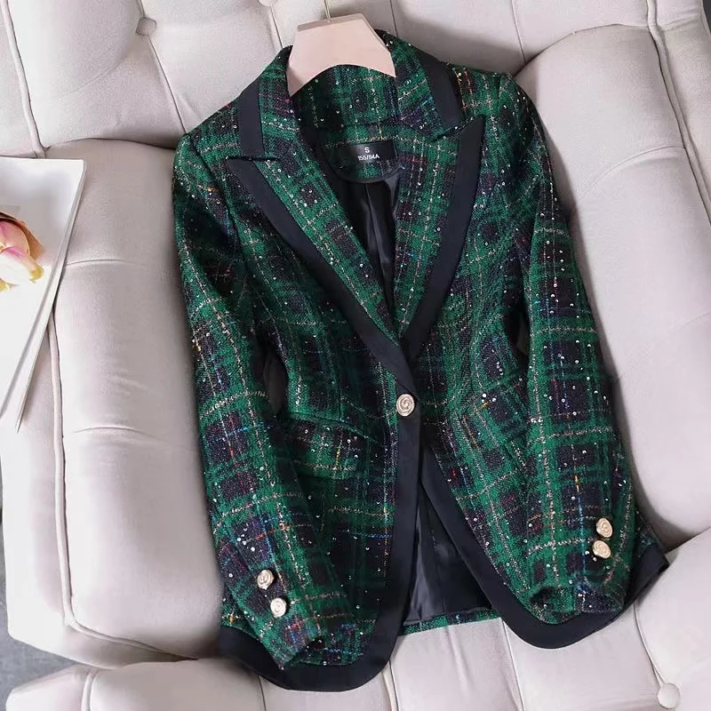 

Tweed Blazers For Women 2024 New Vintage Chic Long Sleeve Plaid Coat Office Ladies Single Button Party Jacket Femal Tops Cloth