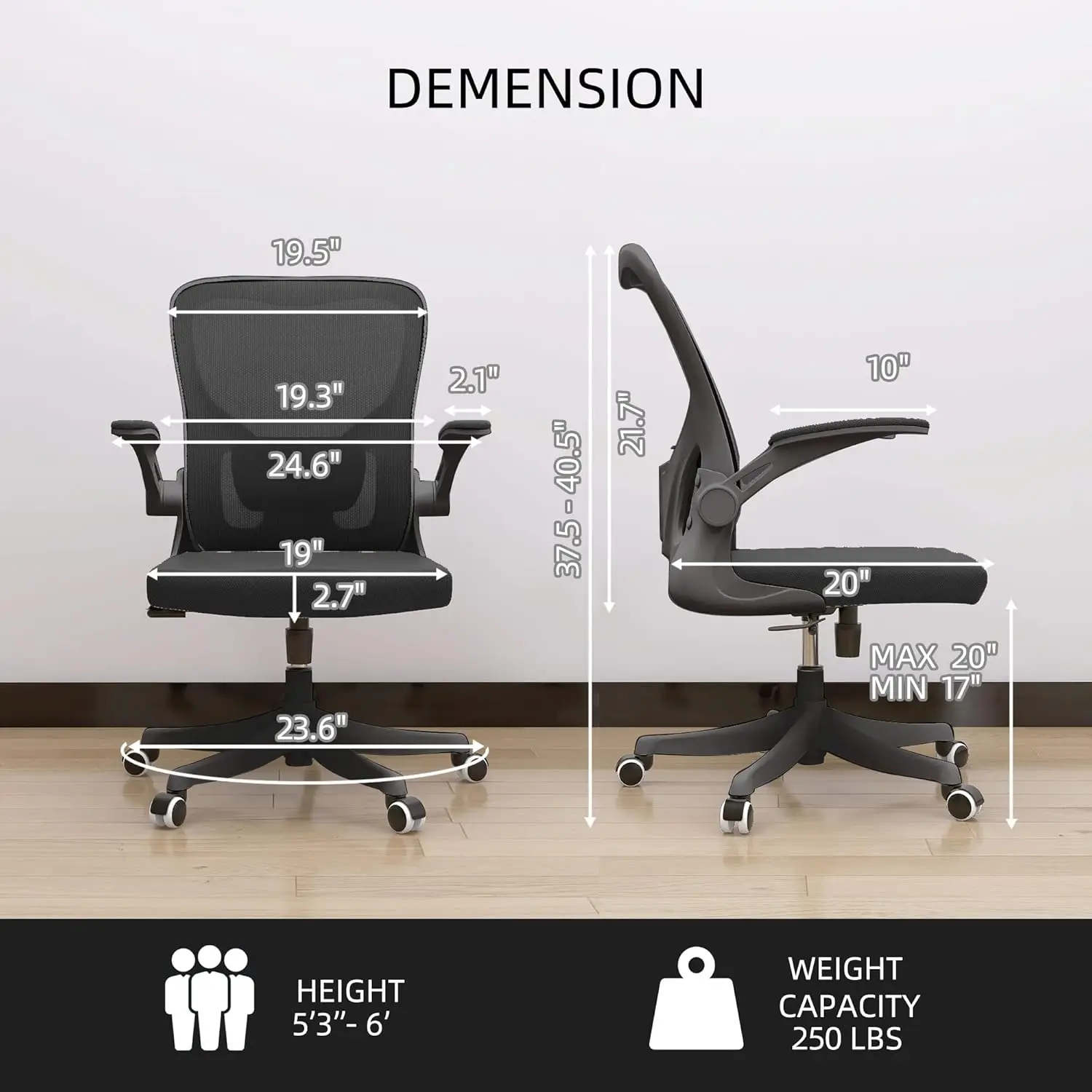 Bürostuhl, ergonomischer Bürostuhl Schreibtischs tuhl mit Lordos stütze und 2d hoch klappbaren Armen höhen verstellbar nach Hause