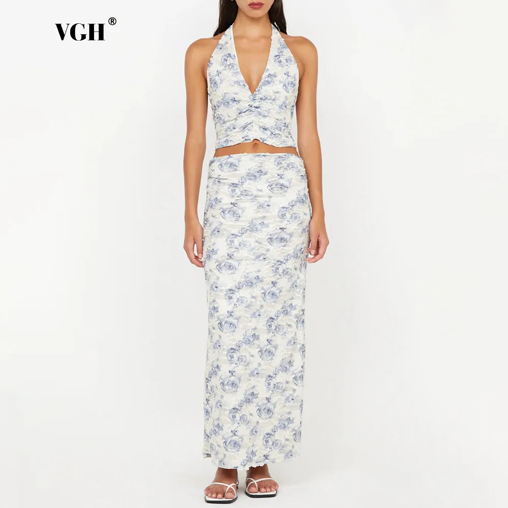 

VGH Floral Printing Two Piece Sets for Women Halter Sleeveless Vest Midi Waist Bodycon Sexy Long Skirt Outfits Female Summer New