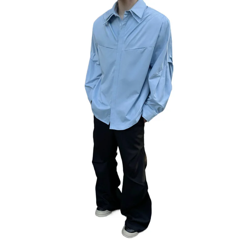 

Casual Shoulder Padded Blue Pure Long-sleeved Shirt Without Tie Shirt
