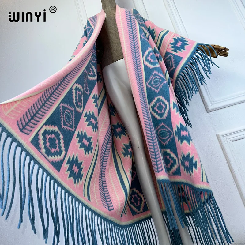WINYI Winter Women Fringed cardigan print abaya dubai luxury Coat Loose OverCoat Thick Warm Female outerwears long down dress