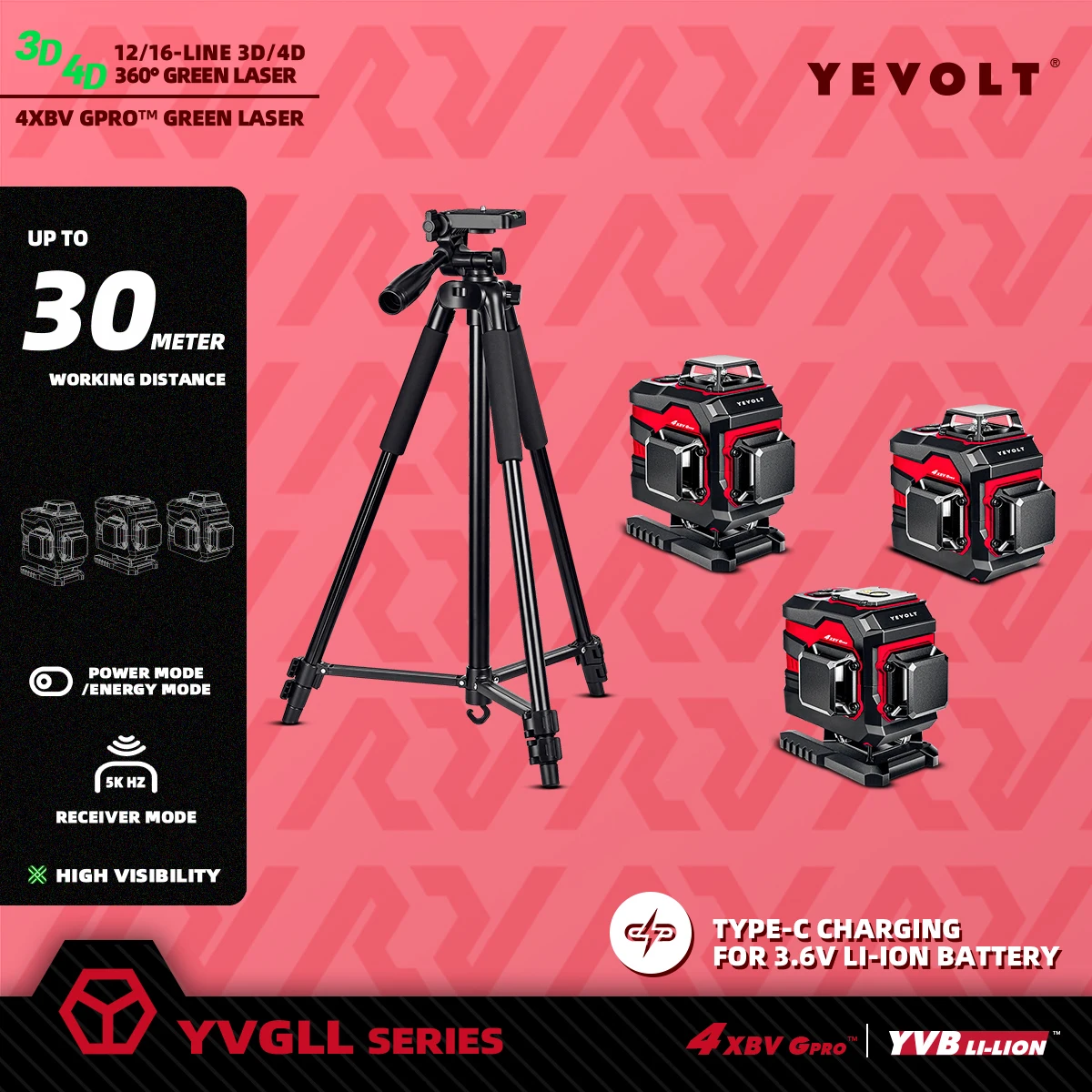

YEVOLT YVGLL-S 1.5M Adjustable Height Tripod with Multi-Angle Head 12/16 Lines Green Laser Level for Ceiling And Wall Projection