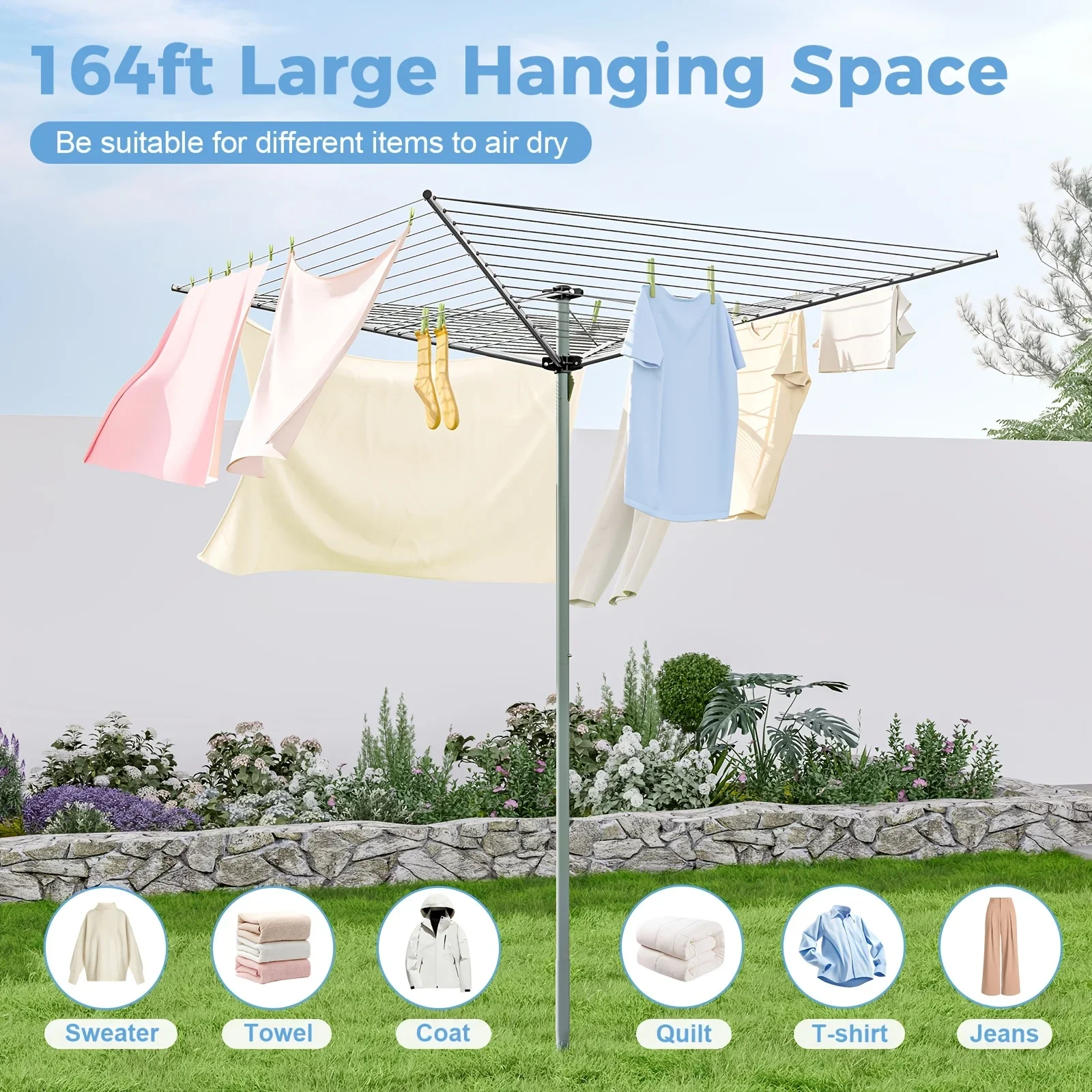 

Heavy Duty Outdoor Clothes Drying Rack, 4-Arm Umbrella Clothesline, 131ft Large Drying Space, Foldable Metal Laundry Dryer