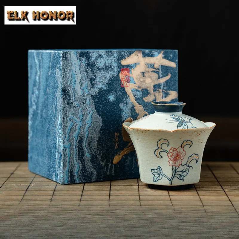 100ml Hand-painted Hibiscus Six-petal Flower Mouth Gaiwan Luxury Tea Tureen Tea Bowl With Lid Kit Tea Maker Cover Bowl Cha Gift