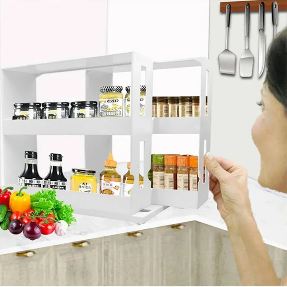 Spice Organizer Rack Multi-function 2 Tier Rotating Storage Shelf Slide Kitchen Cabinet Cupboard Organizer Kitchen Storage Rack