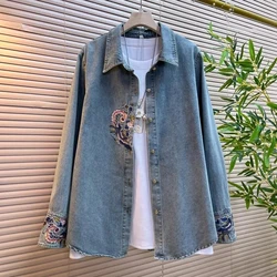 Women's Denim Shirt 2024 Spring Summer Embroidery Loose Long Sleeve Ladies Tops Retro Style Korean Version Fashion Lady Blouse