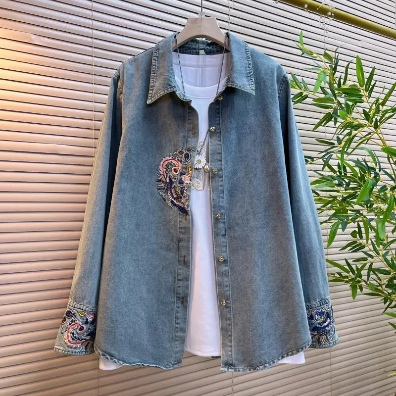 Women's Denim Shirt 2024 Spring Summer Embroidery Loose Long Sleeve Ladies Tops Retro Style Korean Version Fashion Lady Blouse