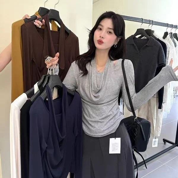 Autumn Modal Cotton Slim Fit Top Korean Style Pleated Design Neck Hanging Waist Cut out Fake Two-Piece T-Shirt Breathable Lon...