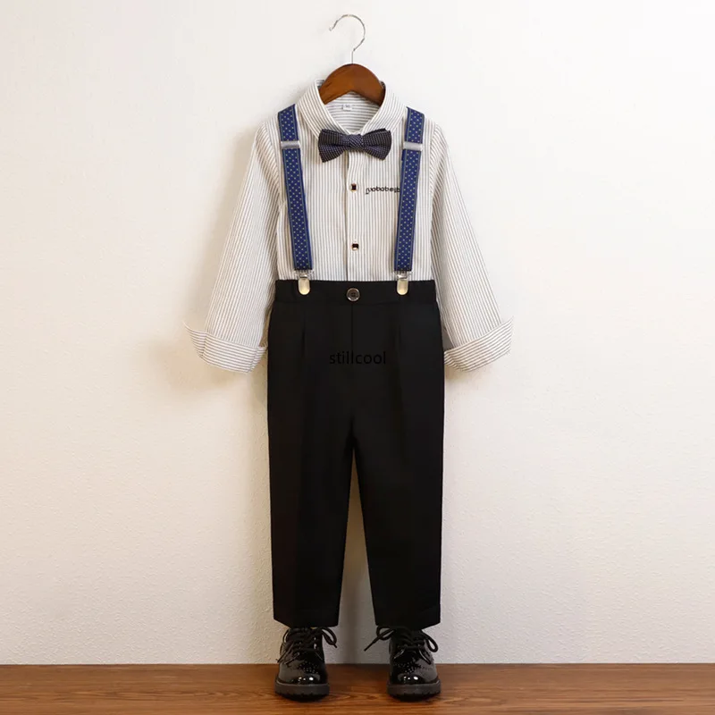 Boys Suits for Weddings Spring Kids Striped Shirt Suspender Pants Outfits Handsome School Host Piano Chorus Performance Costume