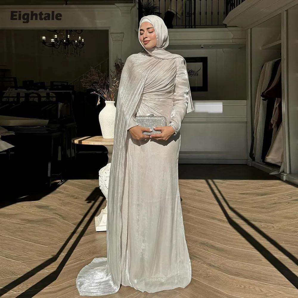 

Eightale Arabic Evening Dress O-Neck Pleats Mermaid Crepe Customized Silver Long Sleeves Muslim Prom Wedding Party Gown
