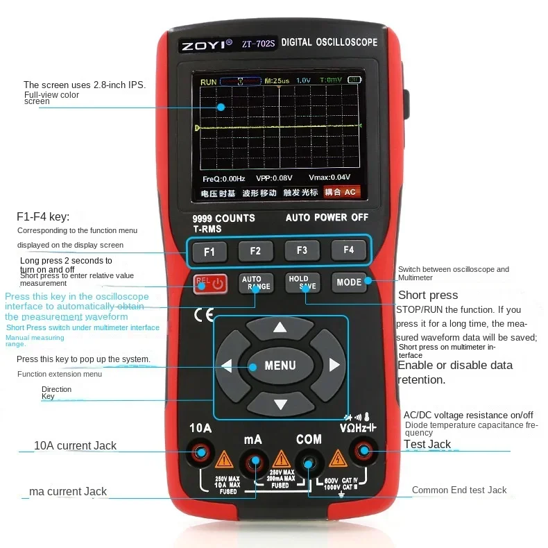 ZOYI ZT702S 2‑in‑1 Oscilloscope Digital Multimeter, Auto‑Ranging True‑RMS, 48MSa/s 10‑MHz Bandwidth, Waveform Data Storage