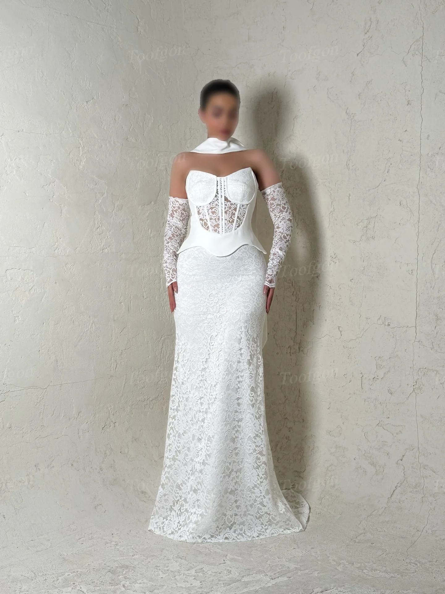 Toofgon Full Lace Mermaid Customized Wedding Dresses Detachable Long Sleeves Bride Photo Shoot Dress Formal Party Prom Gowns