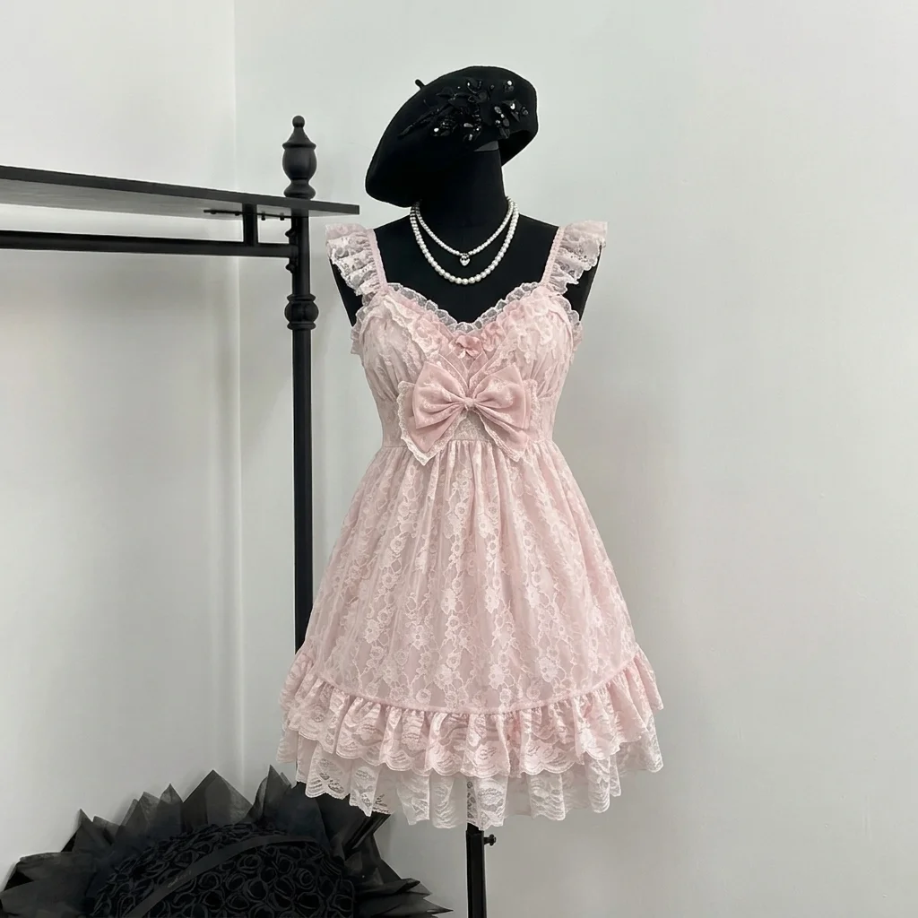 

Japanese Sweet Kawaii Vintage Pink Lace Bow Ruffle Tiered 2 Piece Set Women Sleeveless Cami Dress Lace Top Daily Wear Tea Party