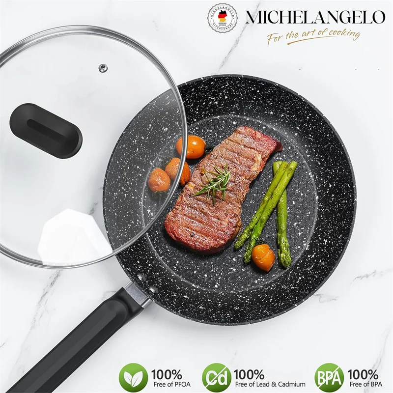 

MICHELANGELO 12-дюймовые сковороды с антипригарным покрытием и крышкой, сковорода с гранитным покрытием, сковорода для соуса, сковорода для стейка, яиц, сковорода для всех плит