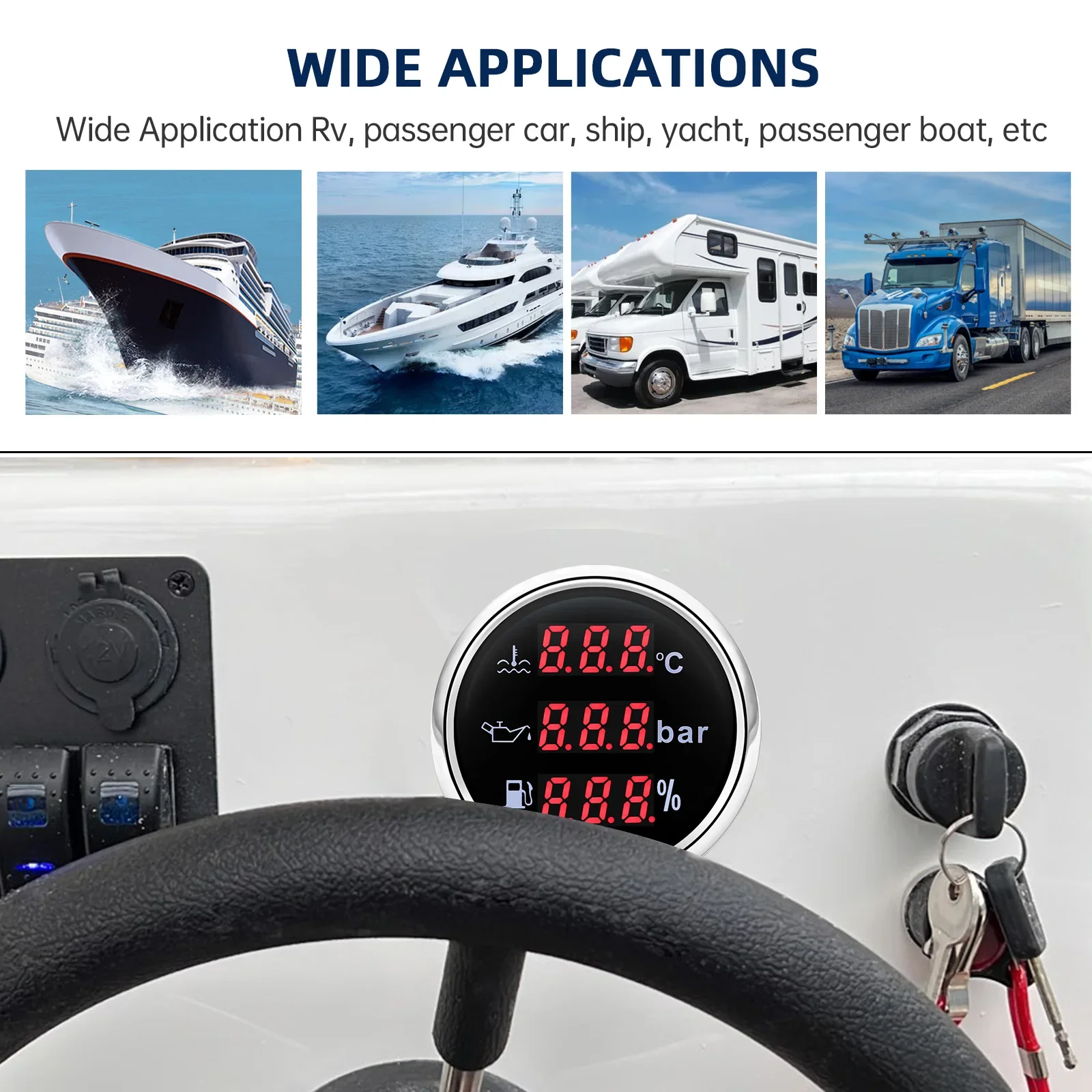 3 in 1 52mm Water Temperature Gauge+Oil Pressure Gauge Bar+Fuel Level Gauge Water Temp Tank Level Indicator Meter For Car Boat
