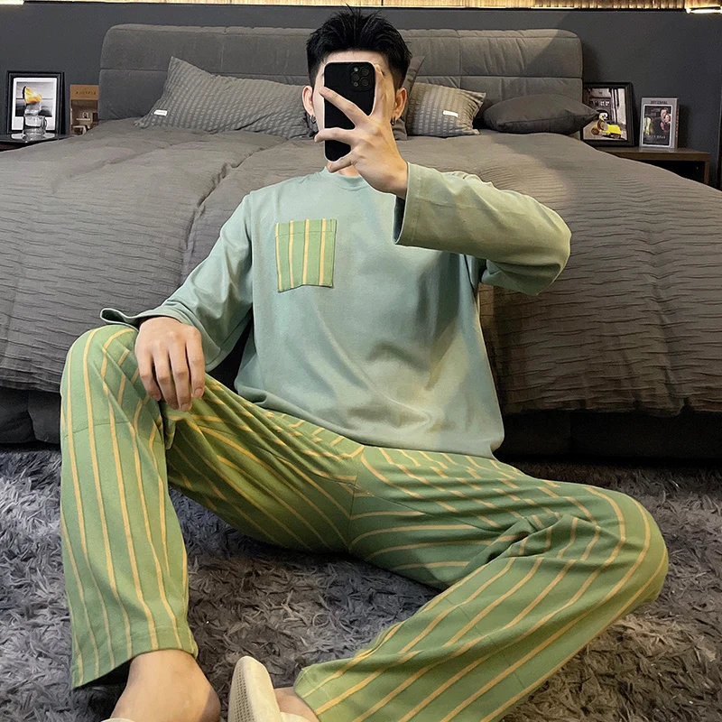 2023 frühling Langarm Baumwolle Pyjama Sets für Männer Koreanische Nette Cartoon Nachtwäsche Pyjama Männlichen Homewear Hause Kleidung Homme