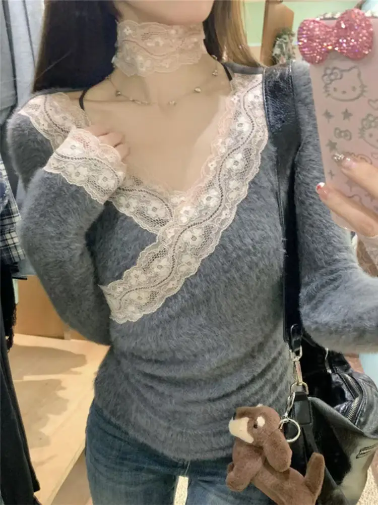 

Y2k Lace Patchwork V Neck Pullover Women 2025 New Sexy Sweet Slim Fit Long Sleeve Knitwear Fairycore Fashion Short Tops