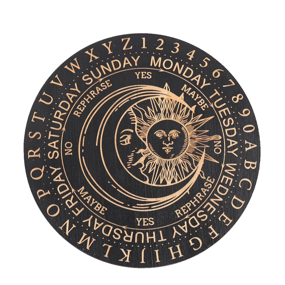 Black Wooden Pendulum Board  Laser Engraved Tarot Sun and Moon Motifs Dowsing Divination Plate Witchs Altar Supplies Home Decor