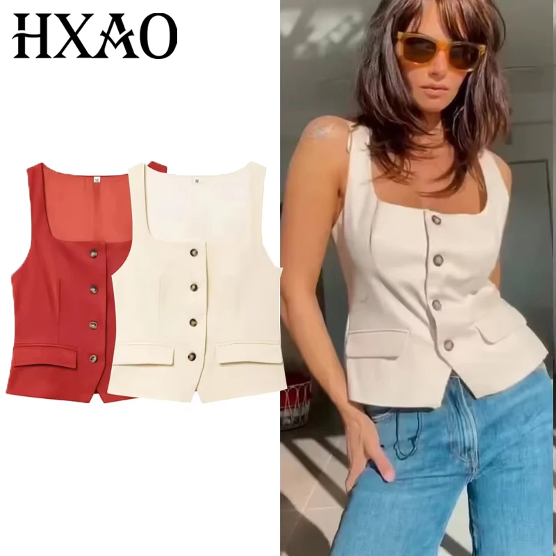 

HXAO 2025 жилет без рукавов, куртки, укороченный женский жилет, куртка на пуговицах, летние обтягивающие топы, костюм, жилет, офисный жилет, женский 088