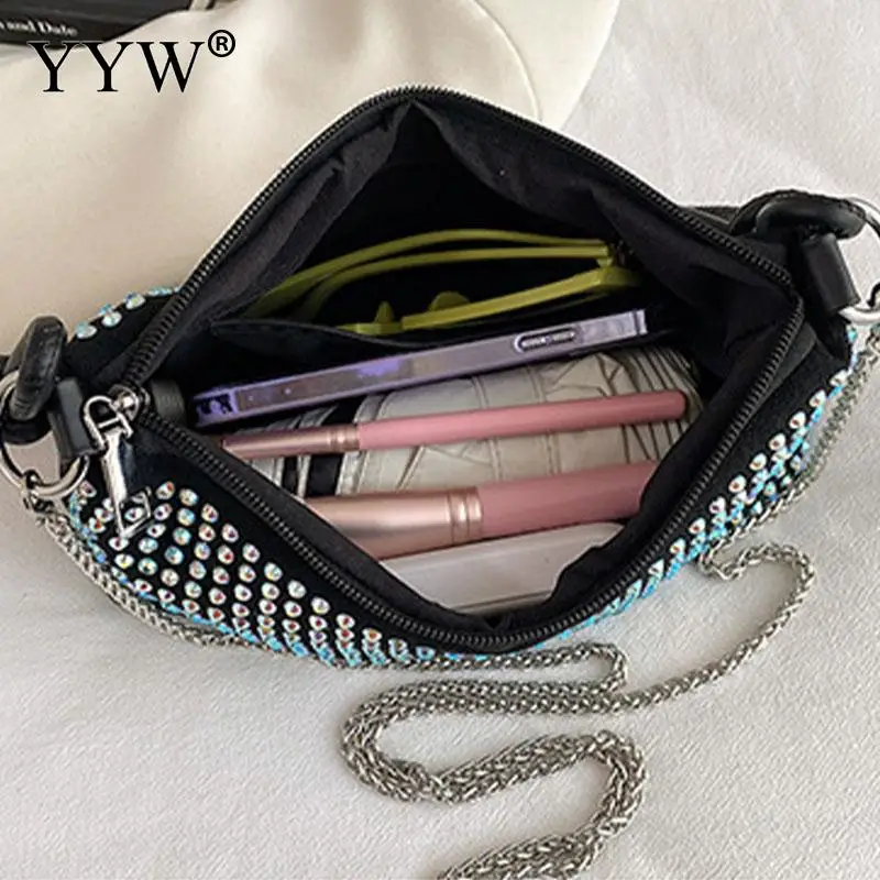 Women\'s Rhinestones Handbags PU Leather Top Handle Diamond Zipper Underarm Purse Metal Chain Crossbody Shoulder Messenger Bag