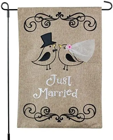 Just Married Banner, Garden Flag or Car Decoration - Bride and Groom Birds Design On Burlap Banner - 12x18 - Home Garden Flag