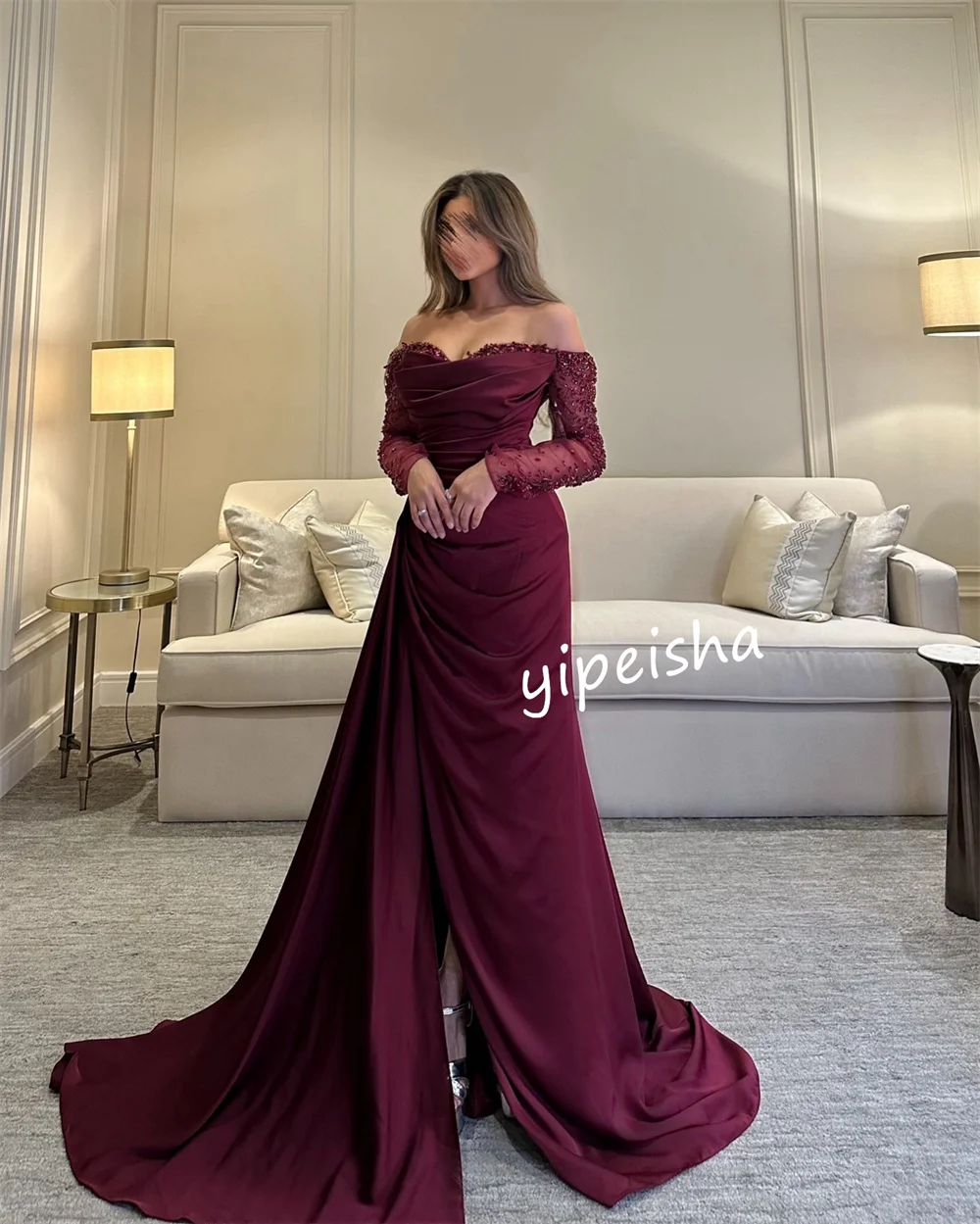 Customized Sparkle Sequined Pleat Trumpet Off-the-shoulder Long Dresses Evening Dresses Classic Formal High Quality Exquisite