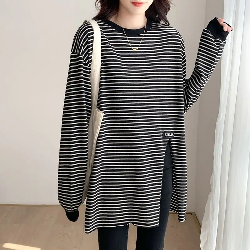 Spring Autumn New Split Hem Striped Tops Tees Long Sleeve O-Neck Loose Plus Size Pullovers Casual Vintage Women Clothing M-4XL