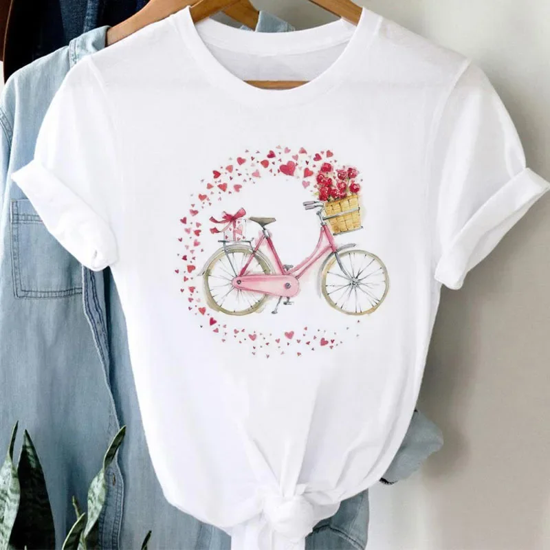 New Bicycle Flower Love Retro Loose Simple Cute Crewneck Short Sleeve Tee Woman Summer Fashion High Quality Fabric Selection Tee