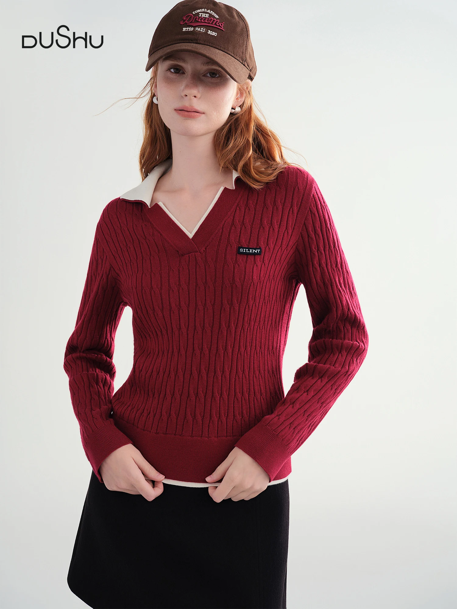 

DUSHU Contrast Color V-neck Cable Knit Sweater 2025 Winter New Products Long Sleeve Pullovers Solid Leisure Korean Style