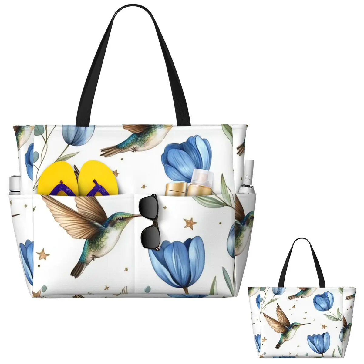 

Пляжная большая сумка с тюльпанами и колибри, спортивная сумка для занятий йогой в тренажерном зале, большая большая сумка, женская дорожная сумка, сумка для фитнеса