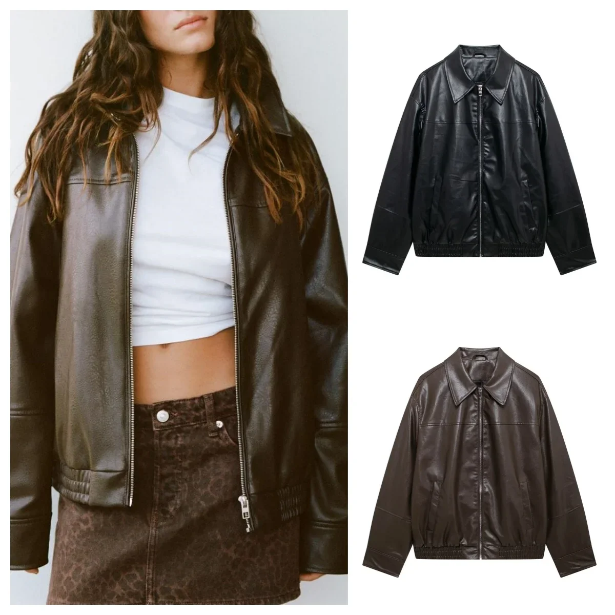 Fashionable and versatile loose lapel zipper imitation leather pilot jacket coat women's autumn new PU leather jacket