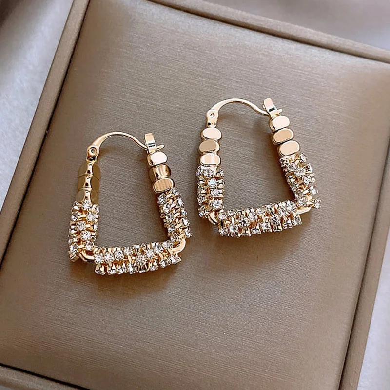 Broken Silver Plated Square Niche Design Light Luxurious High-end Exquisite and Unique Fashionable  Women Diamond Hoop Earring