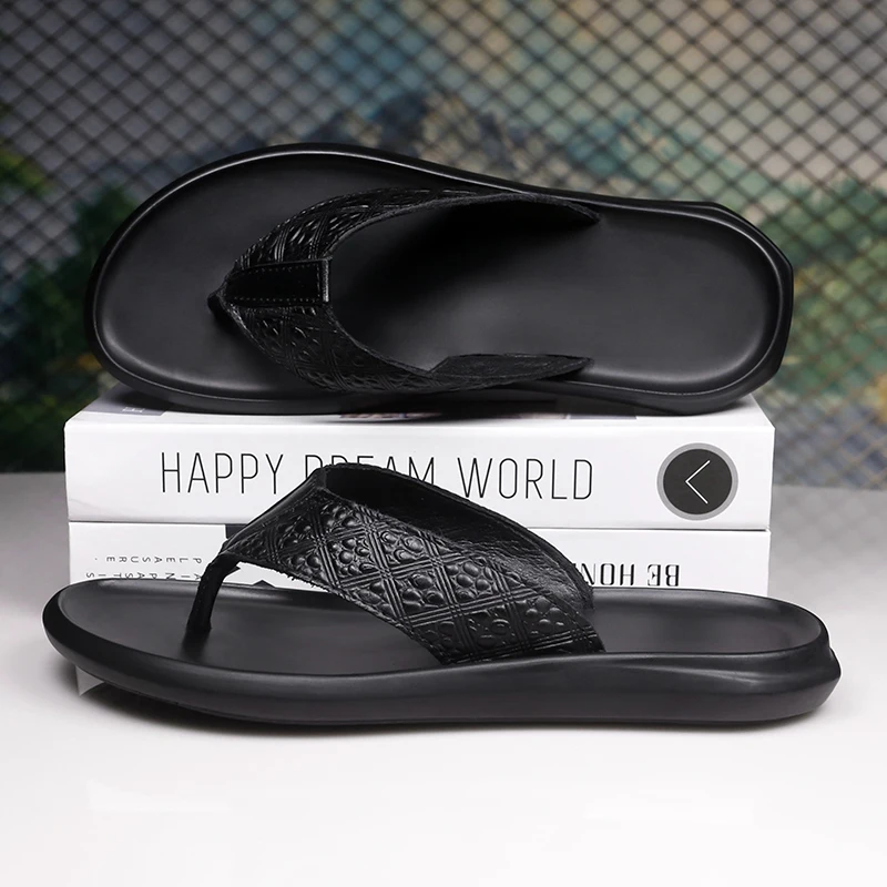 

Premium Genuine Leather Thong Slippers for Men Non Slip Casual Outdoor Sandals Comfortable Daily Walking Footwear
