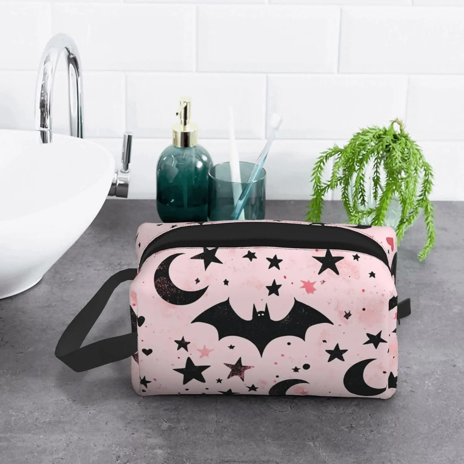 Pink Cosmetic Toiletries for Girls Kids Makeup Pouch Wash Bags Accessories Organizer Bats Moon Star