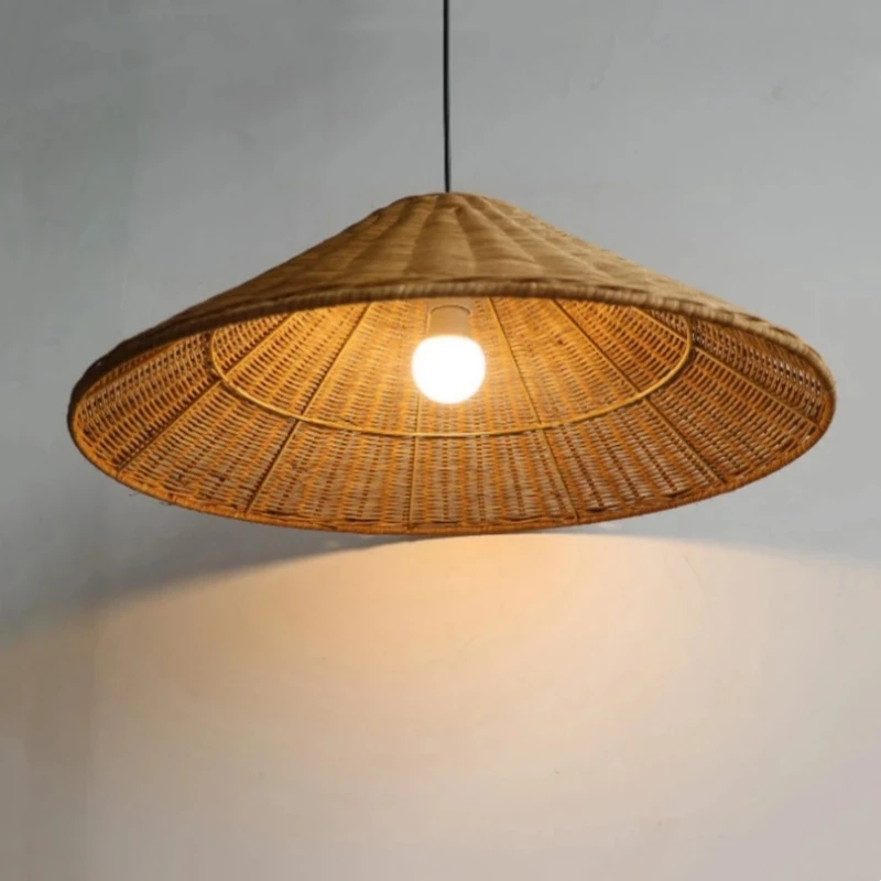 Imagem -06 - Vintage Mão Malha Rattan Led Luzes Pingente Estilo Japonês Marrom Lâmpadas de Madeira para Sala de Jantar Luminárias Suspensas E27