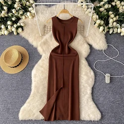 Sexy Chic sweet o neck sleeveless split Knit  Dress vintage Elegant Fashion Party  Slim Summer A-line dresses