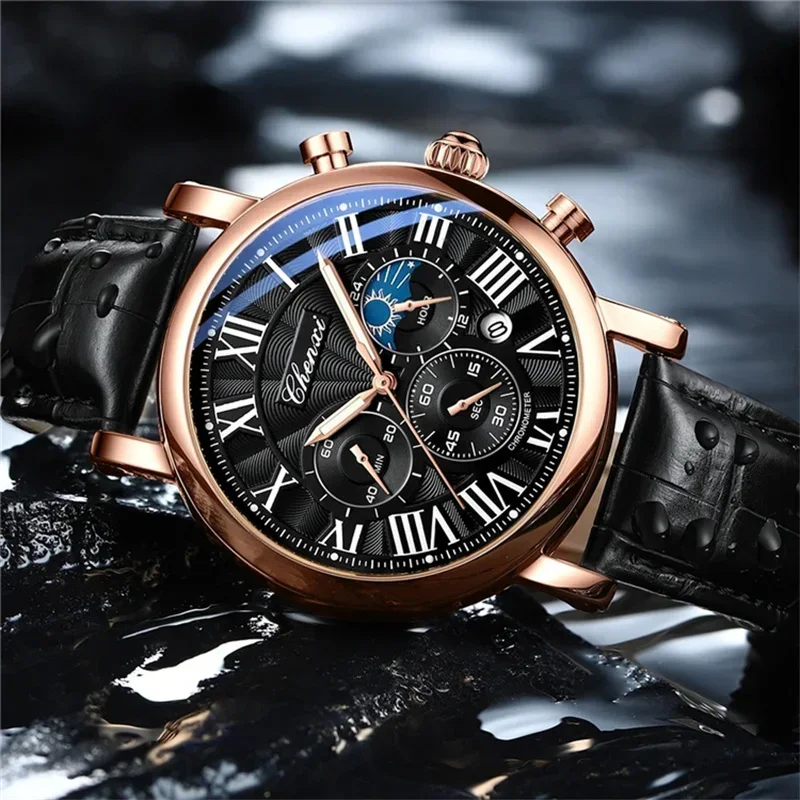 

CHENXI 973 Multi-function Business Moon Phase Date Waterproof Rome Analog Imported Men Wristwatch Dial Quartz Leather Watches