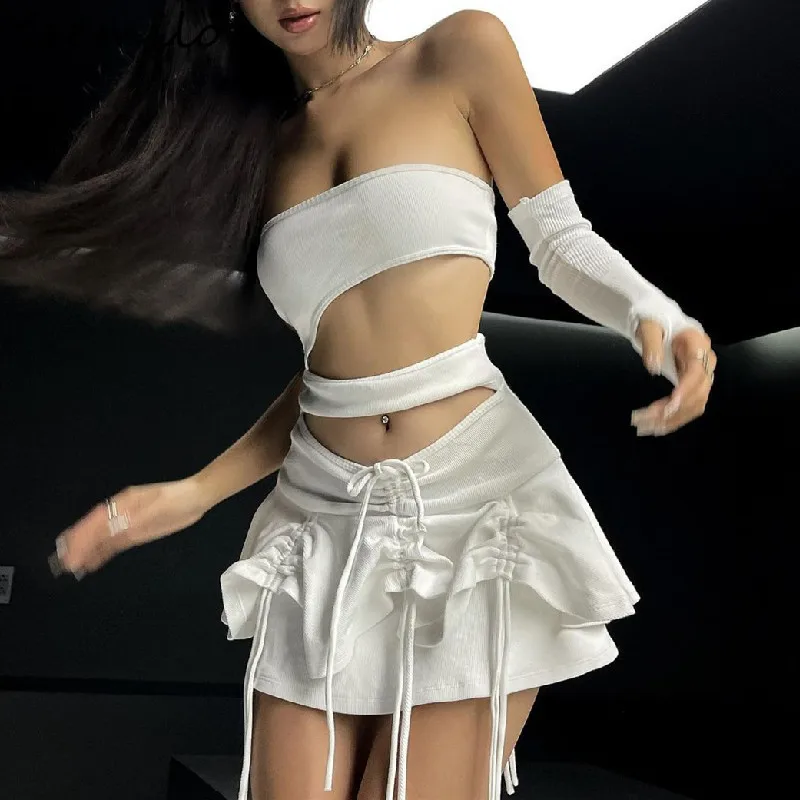 

Xeemilo Sexy Solid Hollowed Mini Dress Aesthetic Ruffle Hem Draw-string Women's Cropped Y2K Strapless Backless Eve Party Dresses