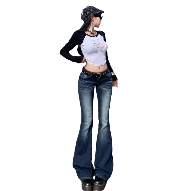 Damskie jeansy Y2K slim fit z wysokim stanem, casualowe spodnie retro z denimu, spodnie z niskim stanem i rozszerzanymi nogawkami, długie spodnie bootcut, jesienne dla kobiet. — zdjęcie 2