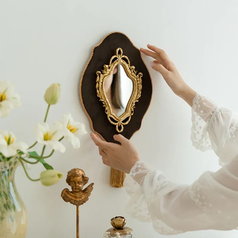 Palace style wall mounted decorative makeup resin velvet pendant carved mirror tassel wall decoration Decorative