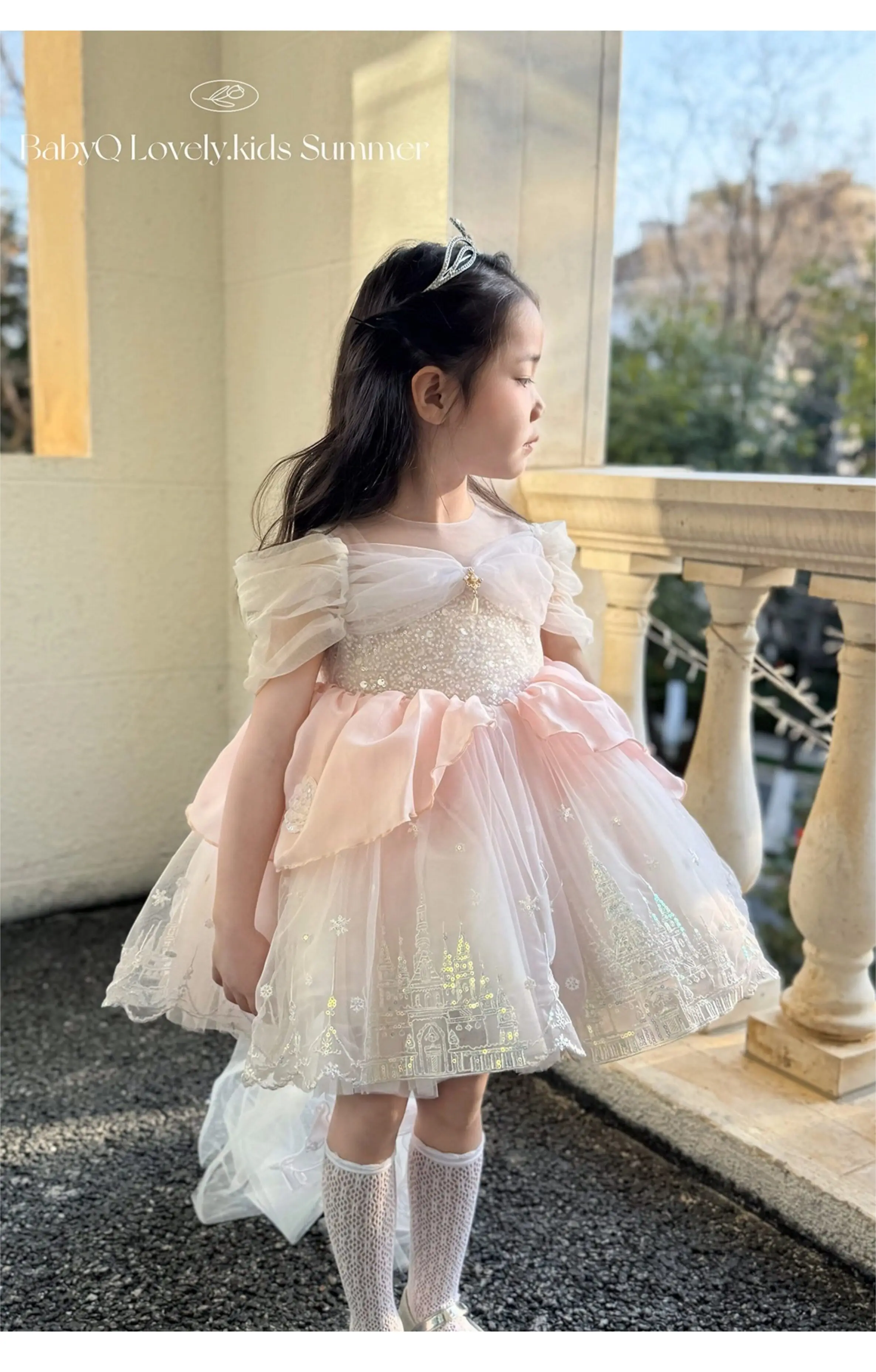 Elsa Prinzessinnenkleid für kleine Mädchen, kurzärmelig, große Schleife, Stickerei, leuchtendes Tutu-Kleid, Kindergeburtstag, Party, Fotografie-Kostüm – Detail 13