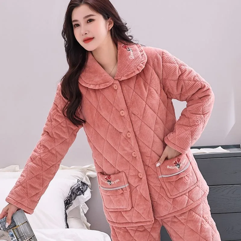 

Women Fall Winter Middle Age Elderly Pajamas Ladies Thick Velvet Coral Fleece Warm 3 Layers Cotton Sleepwear Mother Home Clothes