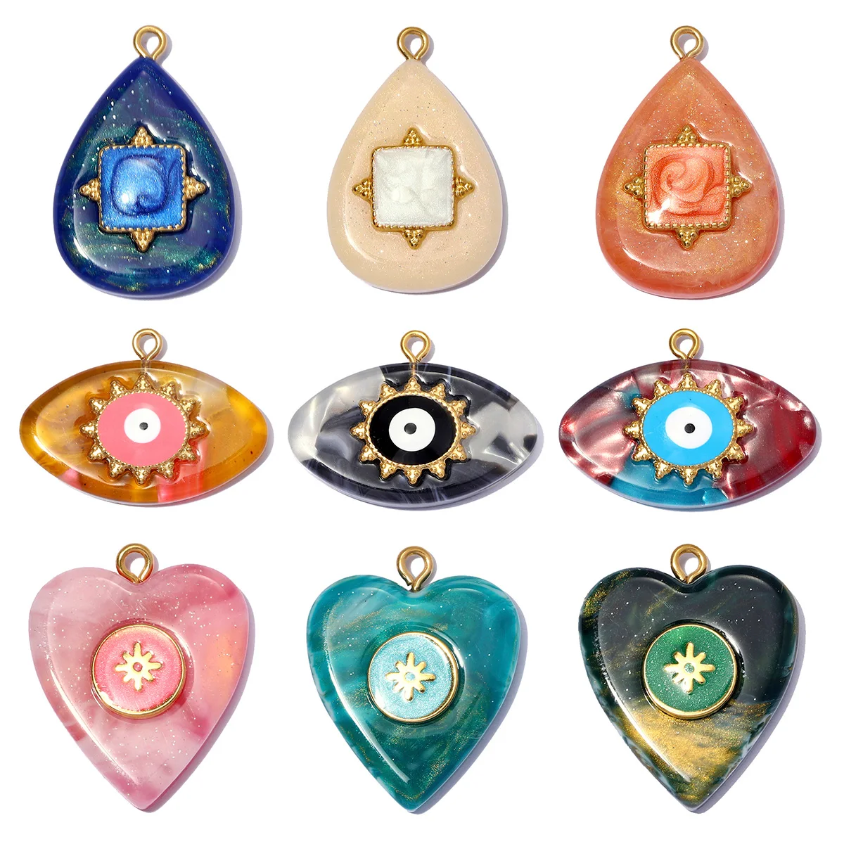 3pcs/Lot Stainless Steel Resin Waterdrop Heart DIY Bracelet Charm Evil Eye Oval Necklace Pendants Women Star Sun Jewelry Wholesa
